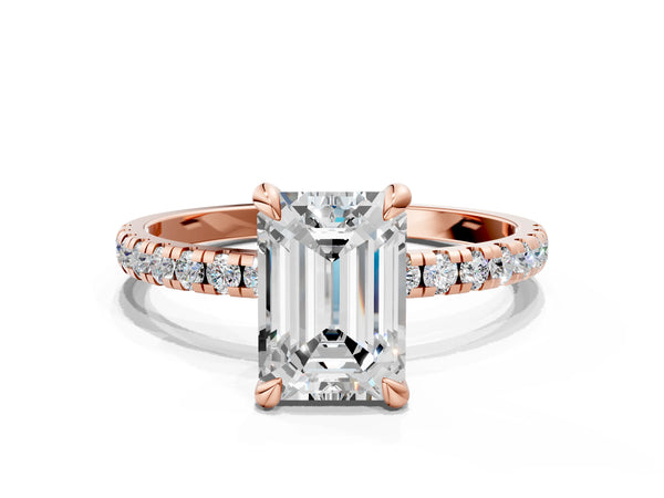 Rose gold Emerald Cut Diamond Brilliant Solitaire Ring with Pavé Band and Four-Prong Setting