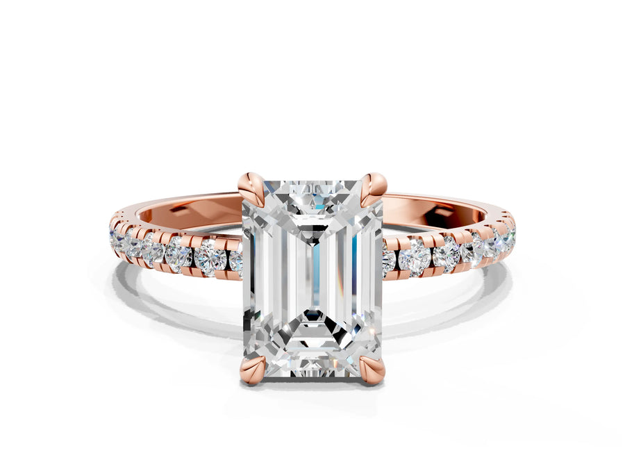 Rose gold Emerald Cut Diamond Brilliant Solitaire Ring with Pavé Band and Four-Prong Setting