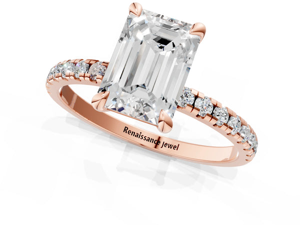 Rose gold Emerald Cut Diamond Brilliant Solitaire Ring with Pavé Band and Four-Prong Setting