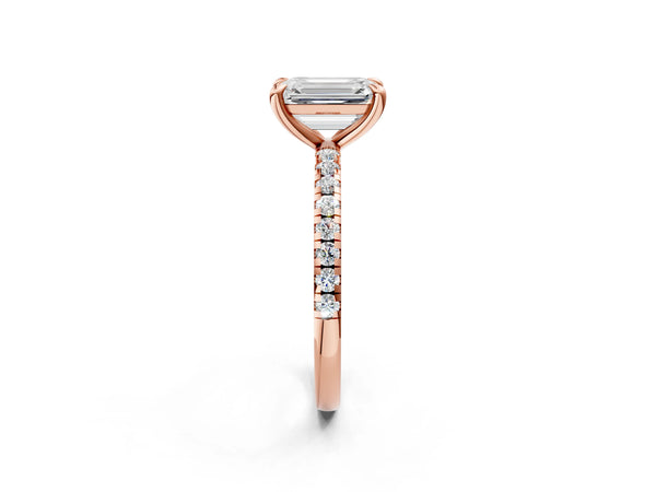 Rose gold Emerald Cut Diamond Brilliant Solitaire Ring with Pavé Band and Four-Prong Setting