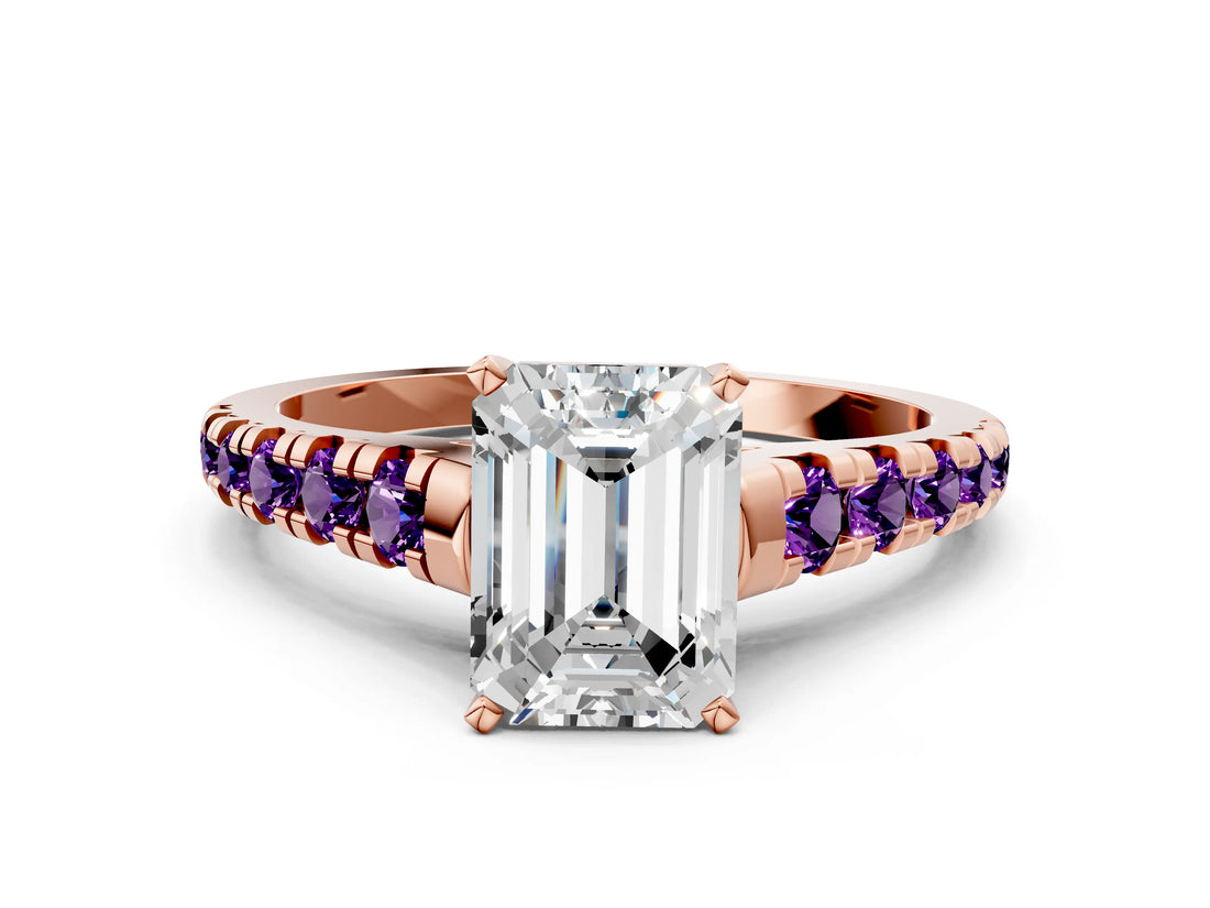 Rose gold Emerald Cut Diamond Cathedral Solitaire Ring with Round with Amethyst side stone Pavé Band_12
