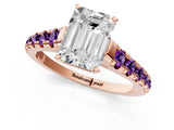 Rose gold Emerald Cut Diamond Cathedral Solitaire Ring with Round with Amethyst side stone Pavé Band_13