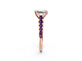 Rose gold Emerald Cut Diamond Cathedral Solitaire Ring with Round with Amethyst side stone Pavé Band_14