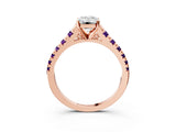 Rose gold Emerald Cut Diamond Cathedral Solitaire Ring with Round with Amethyst side stone Pavé Band_15