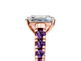 Rose gold Emerald Cut Diamond Cathedral Solitaire Ring with Round with Amethyst side stone Pavé Band_17