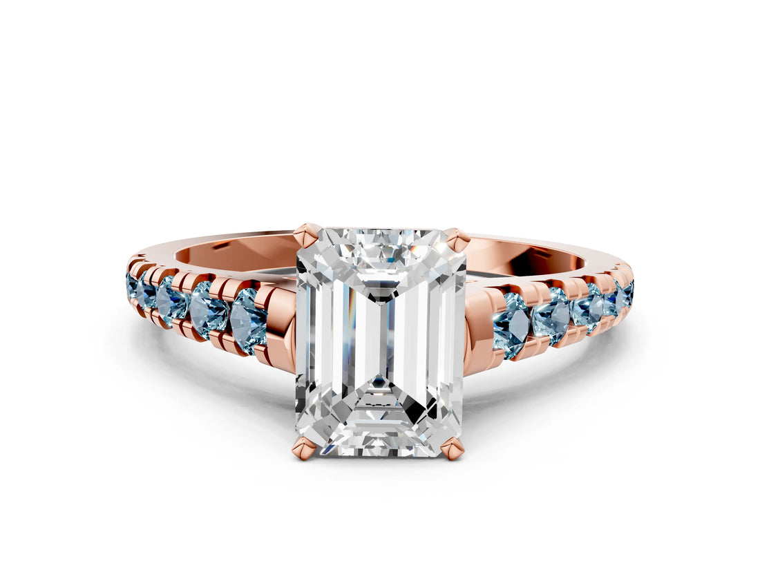 Rose gold Emerald Cut Diamond Cathedral Solitaire Ring with Round with Aquamarine side stone Pavé Band_12