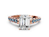 Rose gold Emerald Cut Diamond Cathedral Solitaire Ring with Round with Aquamarine side stone Pavé Band_12
