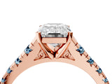 Rose gold Emerald Cut Diamond Cathedral Solitaire Ring with Round with Aquamarine side stone Pavé Band_16