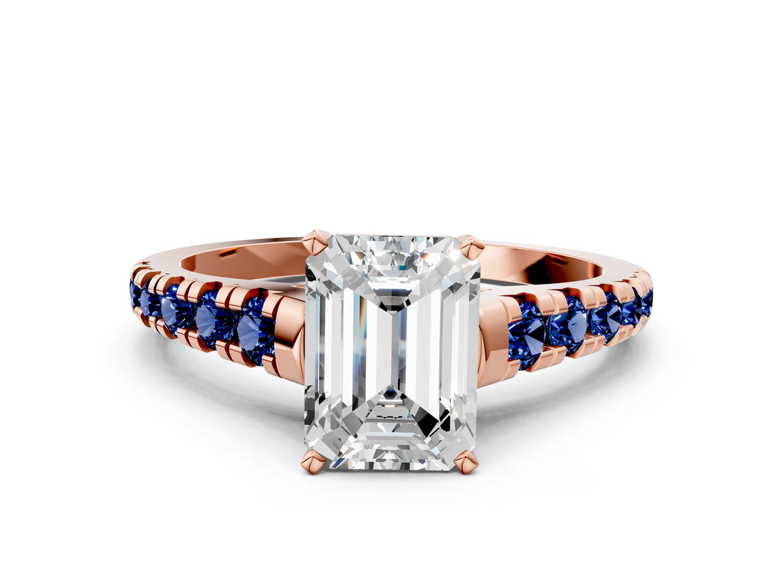 Rose gold Emerald Cut Diamond Cathedral Solitaire Ring with Round with Blue Sapphire side stone Pavé Band_12