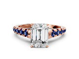 Rose gold Emerald Cut Diamond Cathedral Solitaire Ring with Round with Blue Sapphire side stone Pavé Band_12
