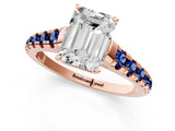 Rose gold Emerald Cut Diamond Cathedral Solitaire Ring with Round with Blue Sapphire side stone Pavé Band_13