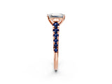 Rose gold Emerald Cut Diamond Cathedral Solitaire Ring with Round with Blue Sapphire side stone Pavé Band_14