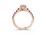 Rose gold Emerald Cut Diamond Cathedral Solitaire Ring with Round with Blue Sapphire side stone Pavé Band_15