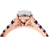Rose gold Emerald Cut Diamond Cathedral Solitaire Ring with Round with Blue Sapphire side stone Pavé Band_16
