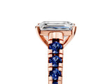 Rose gold Emerald Cut Diamond Cathedral Solitaire Ring with Round with Blue Sapphire side stone Pavé Band_17