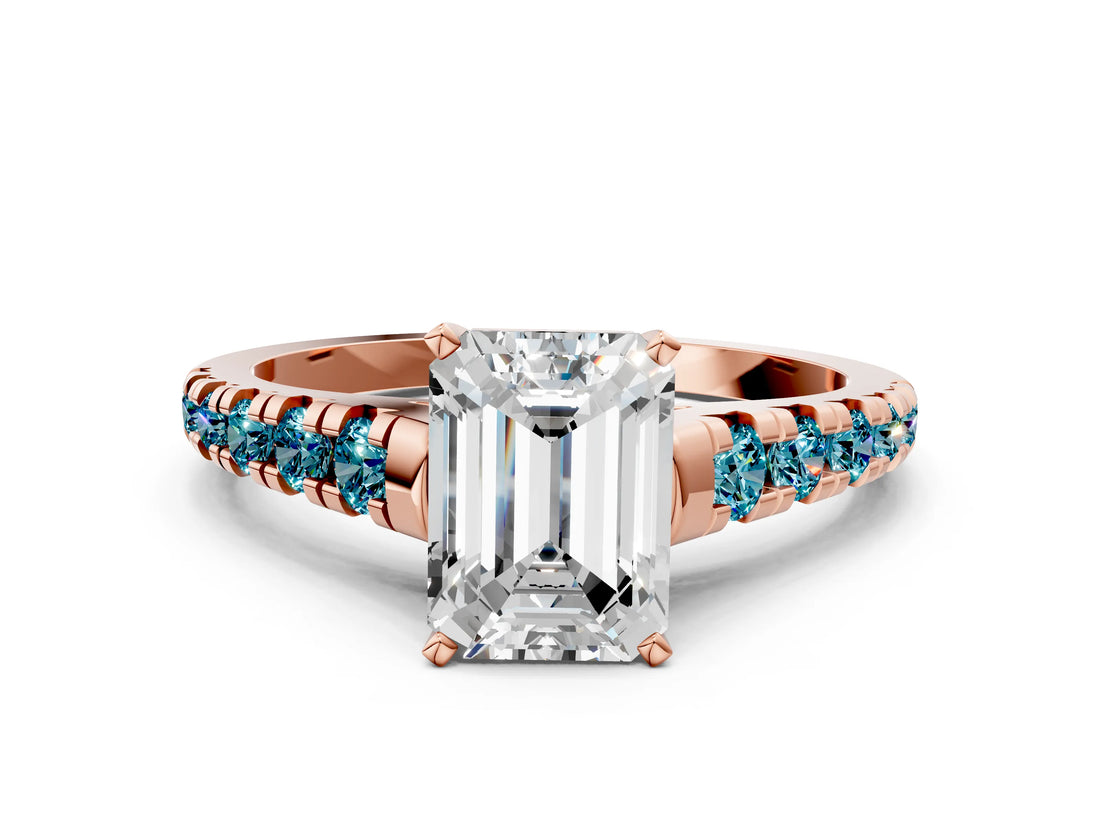 Rose gold Emerald Cut Diamond Cathedral Solitaire Ring with Round with Blue Topaz side stone Pavé Band