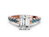 Rose gold Emerald Cut Diamond Cathedral Solitaire Ring with Round with Blue Topaz side stone Pavé Band