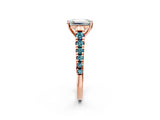 Rose gold Emerald Cut Diamond Cathedral Solitaire Ring with Round with Blue Topaz side stone Pavé Band_2