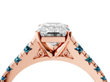 Rose gold Emerald Cut Diamond Cathedral Solitaire Ring with Round with Blue Topaz side stone Pavé Band_4