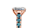 Rose gold Emerald Cut Diamond Cathedral Solitaire Ring with Round with Blue Topaz side stone Pavé Band_5