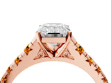 Rose gold Emerald Cut Diamond Cathedral Solitaire Ring with Round with Citrine side stone Pavé Band_28