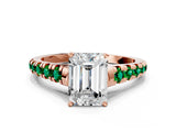 Rose gold Emerald Cut Diamond Cathedral Solitaire Ring with Round with Emerald side stone Pavé Band