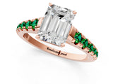 Rose gold Emerald Cut Diamond Cathedral Solitaire Ring with Round with Emerald side stone Pavé Band_1