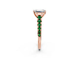 Rose gold Emerald Cut Diamond Cathedral Solitaire Ring with Round with Emerald side stone Pavé Band_2