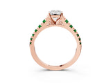 Rose gold Emerald Cut Diamond Cathedral Solitaire Ring with Round with Emerald side stone Pavé Band_3