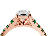 Rose gold Emerald Cut Diamond Cathedral Solitaire Ring with Round with Emerald side stone Pavé Band_4
