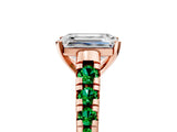 Rose gold Emerald Cut Diamond Cathedral Solitaire Ring with Round with Emerald side stone Pavé Band_5