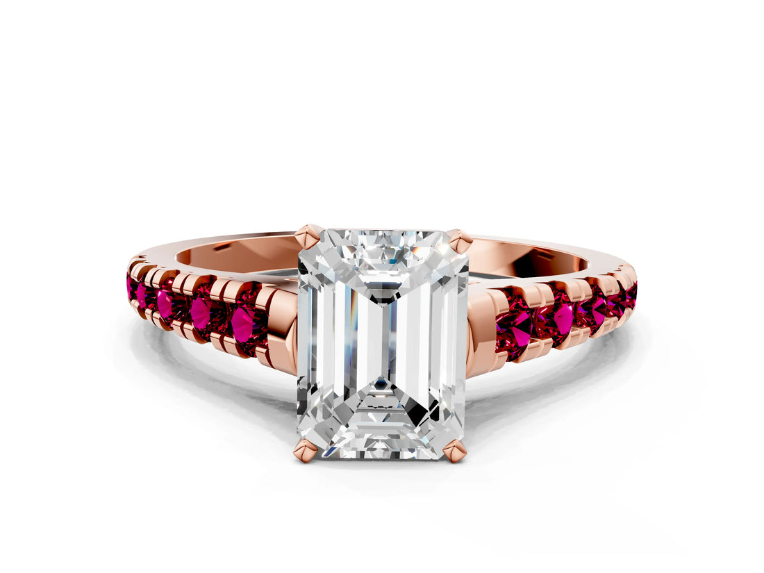 Rose gold Emerald Cut Diamond Cathedral Solitaire Ring with Round with Garnet side stone Pavé Band_12