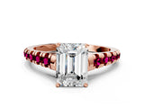 Rose gold Emerald Cut Diamond Cathedral Solitaire Ring with Round with Garnet side stone Pavé Band_12