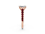 Rose gold Emerald Cut Diamond Cathedral Solitaire Ring with Round with Garnet side stone Pavé Band_14