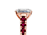 Rose gold Emerald Cut Diamond Cathedral Solitaire Ring with Round with Garnet side stone Pavé Band_17