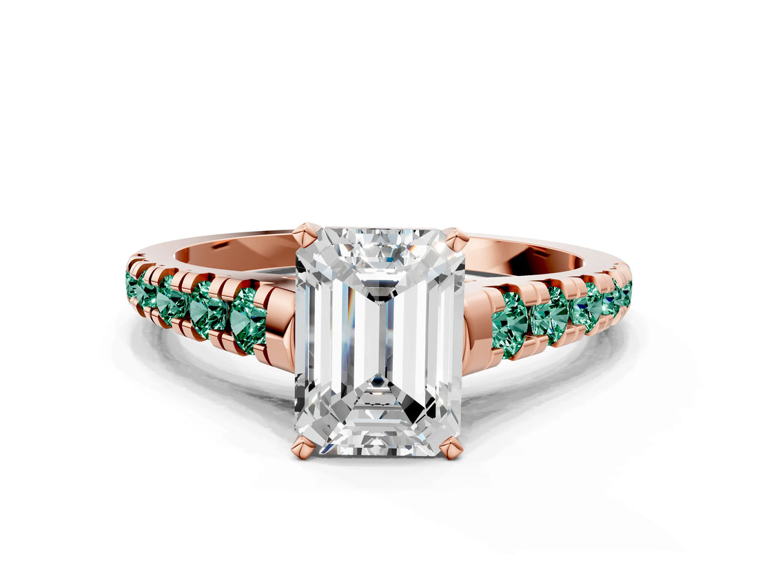 Rose gold Emerald Cut Diamond Cathedral Solitaire Ring with Round with Green Sapphire side stone Pavé Band_12