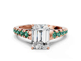 Rose gold Emerald Cut Diamond Cathedral Solitaire Ring with Round with Green Sapphire side stone Pavé Band_12