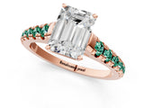 Rose gold Emerald Cut Diamond Cathedral Solitaire Ring with Round with Green Sapphire side stone Pavé Band_13