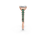 Rose gold Emerald Cut Diamond Cathedral Solitaire Ring with Round with Green Sapphire side stone Pavé Band_14