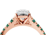 Rose gold Emerald Cut Diamond Cathedral Solitaire Ring with Round with Green Sapphire side stone Pavé Band_16