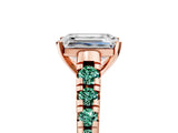 Rose gold Emerald Cut Diamond Cathedral Solitaire Ring with Round with Green Sapphire side stone Pavé Band_17