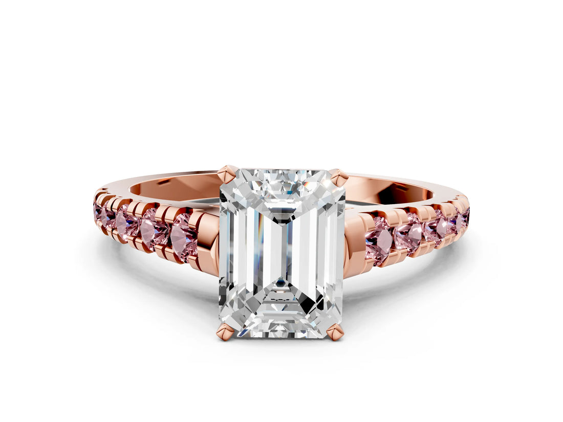 Rose gold Emerald Cut Diamond Cathedral Solitaire Ring with Round with Morganite side stone Pavé Band_12