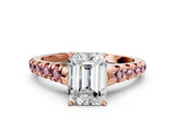 Rose gold Emerald Cut Diamond Cathedral Solitaire Ring with Round with Morganite side stone Pavé Band_12