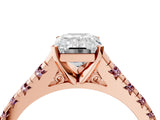 Rose gold Emerald Cut Diamond Cathedral Solitaire Ring with Round with Morganite side stone Pavé Band_16