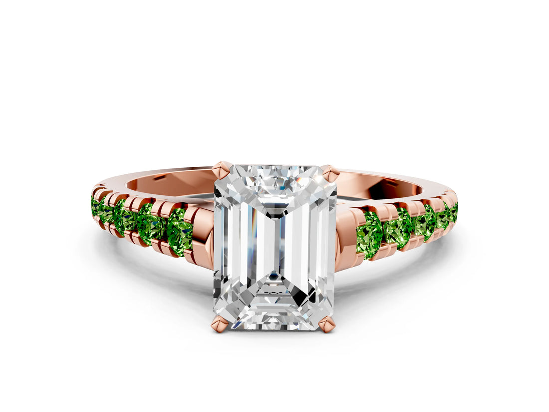 Rose gold Emerald Cut Diamond Cathedral Solitaire Ring with Round with Peridot side stone Pavé Band