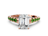 Rose gold Emerald Cut Diamond Cathedral Solitaire Ring with Round with Peridot side stone Pavé Band