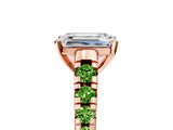 Rose gold Emerald Cut Diamond Cathedral Solitaire Ring with Round with Peridot side stone Pavé Band_5