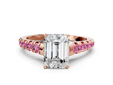 Rose gold Emerald Cut Diamond Cathedral Solitaire Ring with Round with Pink Sapphire side stone Pavé Band_12