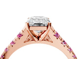 Rose gold Emerald Cut Diamond Cathedral Solitaire Ring with Round with Pink Sapphire side stone Pavé Band_16