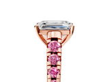Rose gold Emerald Cut Diamond Cathedral Solitaire Ring with Round with Pink Sapphire side stone Pavé Band_17